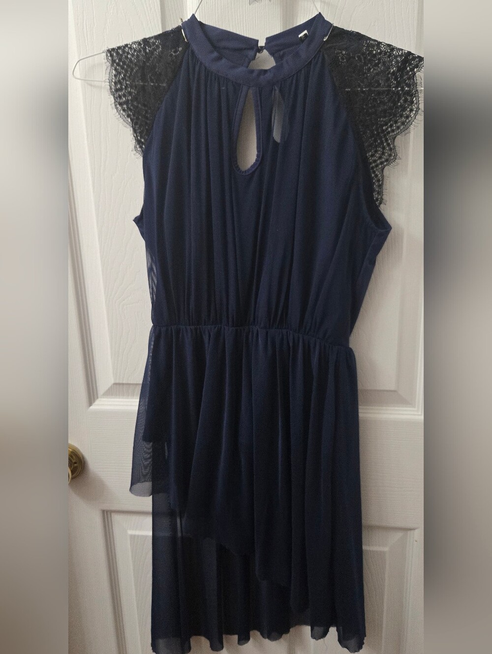 NWOT IBTOM Castle Navy Lace-Sleeve Chiffon Dance Dress